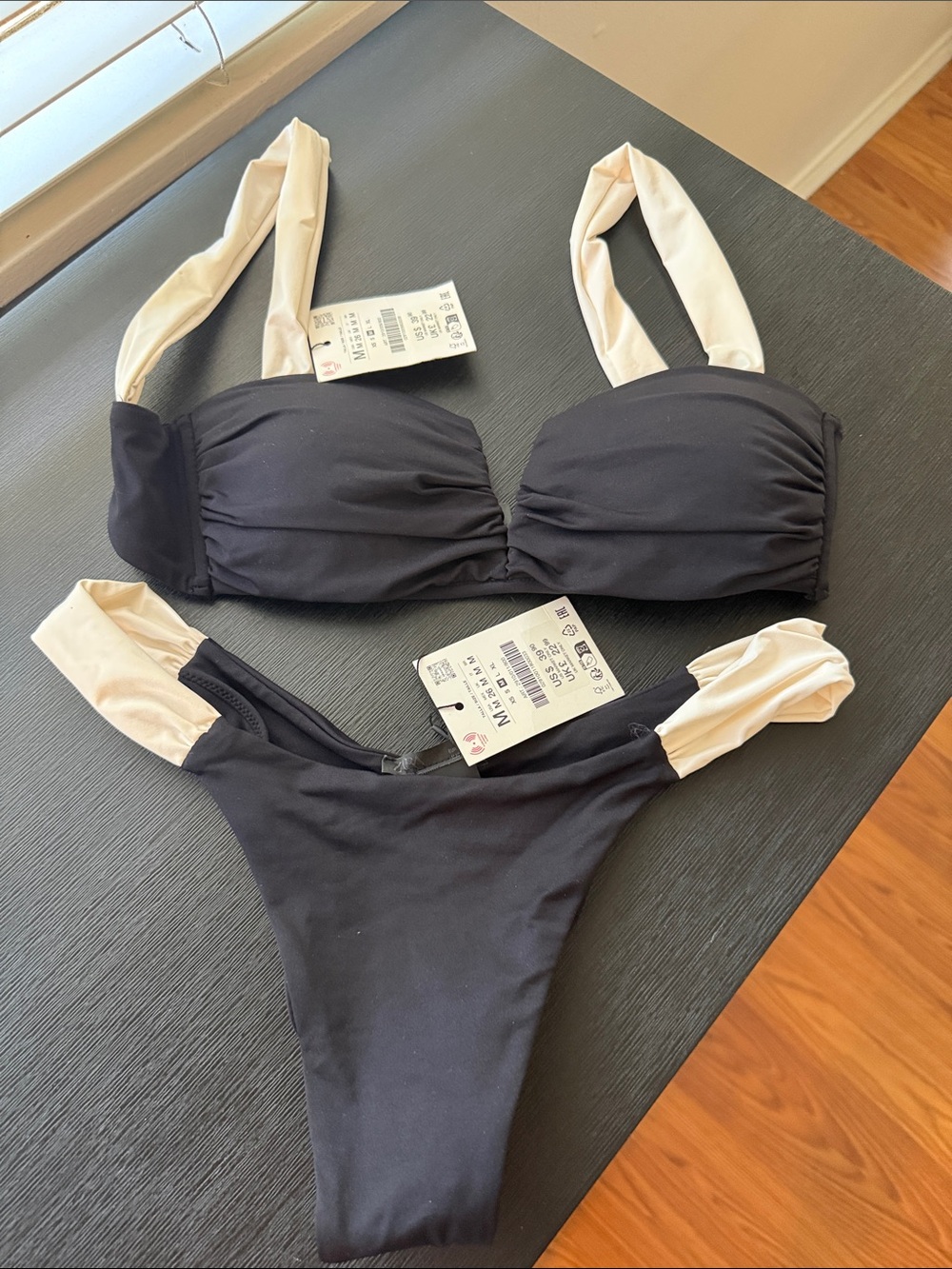 Zara Black and Cream Two-Piece Bandeau Bikini Set